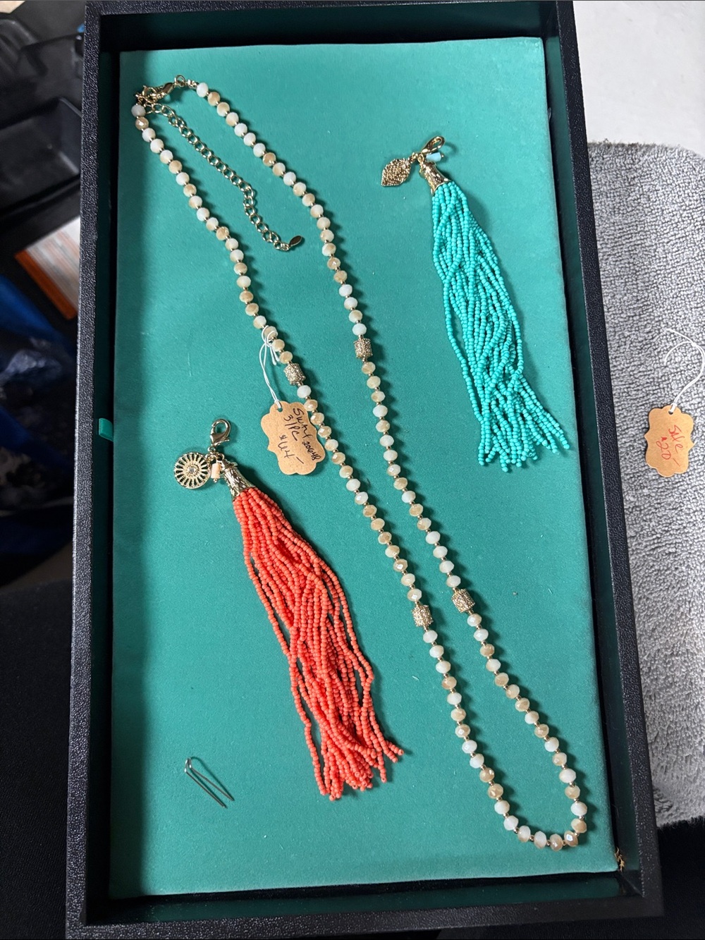 Premier Designs Coral & Turquoise Tassel Necklace Set with Cream Beads